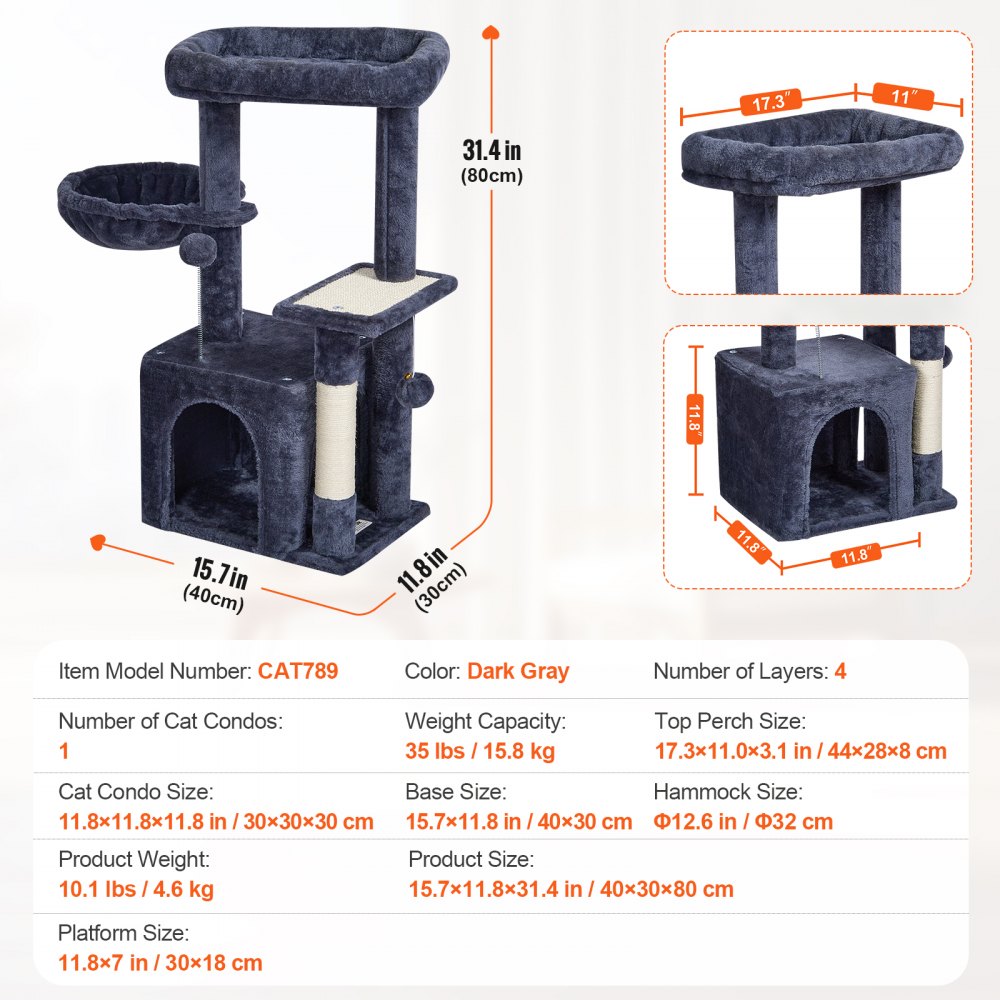 CAT789 - 31.4" VEVOR Cat Tree with Condo & Hammock in Dark Grey