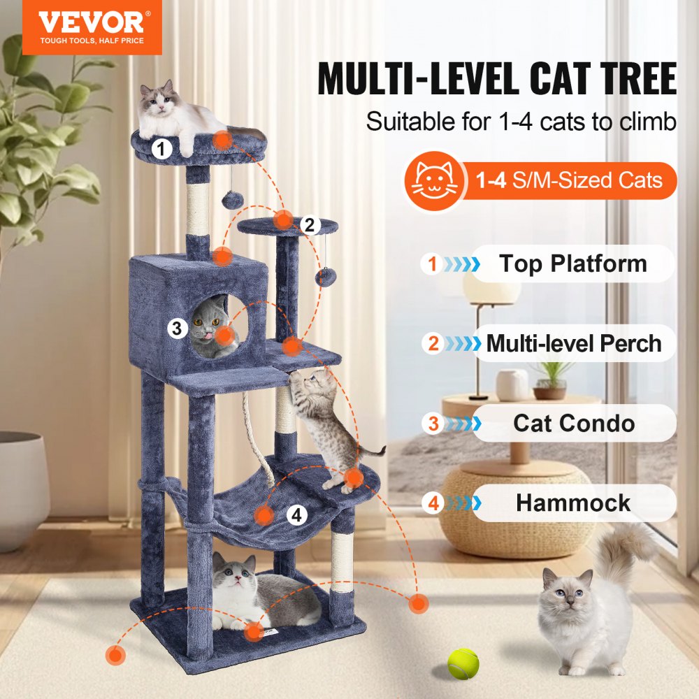 CAT791 - 56.2" Dark Grey Cat Tower with Condo & Scratching Posts