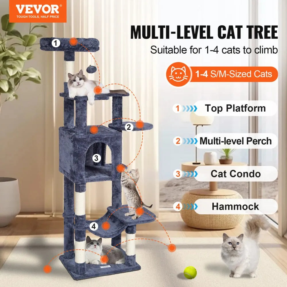 CAT792 - 60.6" Dark Grey Cat Tree with Condo & Scratching Post