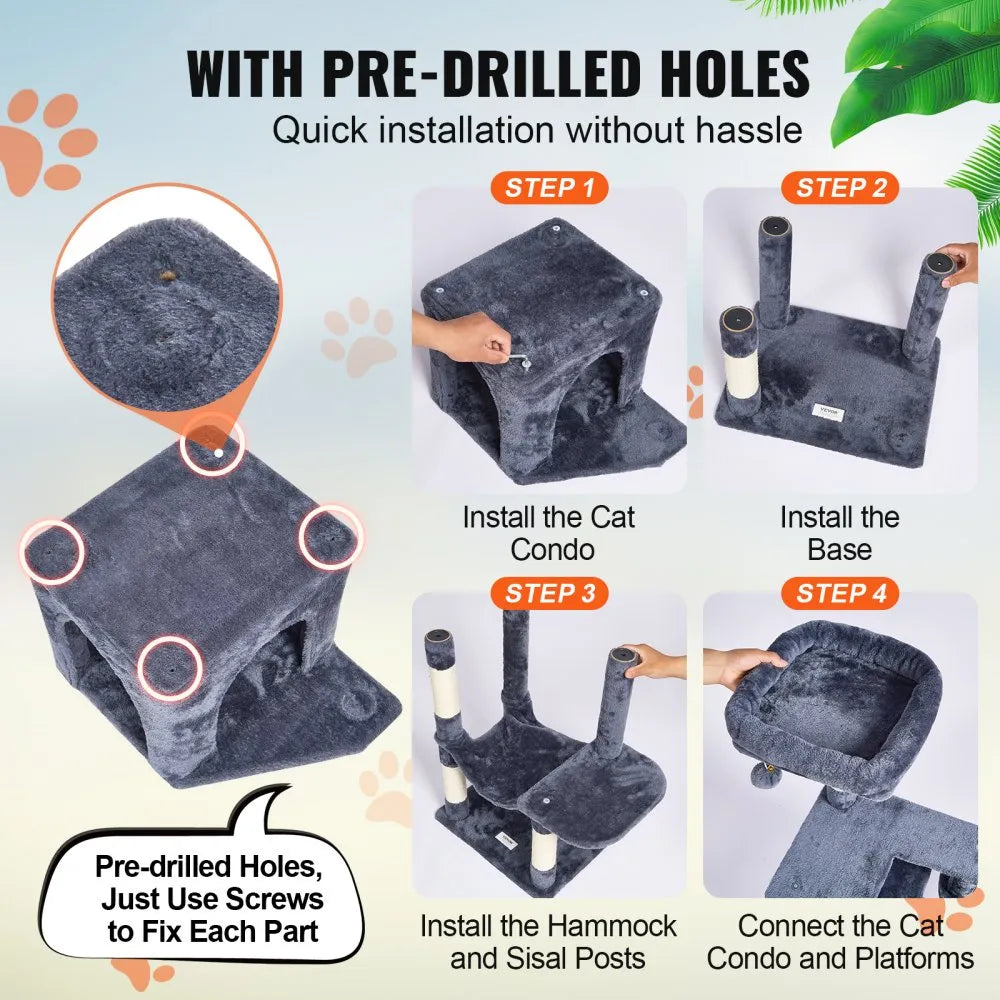 CAT792 - 60.6" Dark Grey Cat Tree with Condo & Scratching Post