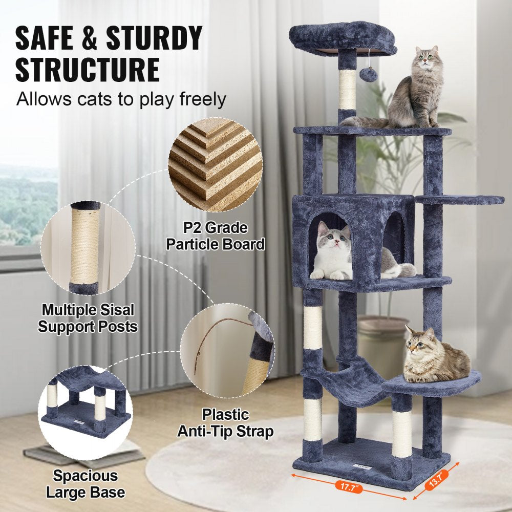 CAT792 - 60.6" Dark Grey Cat Tree with Condo & Scratching Post