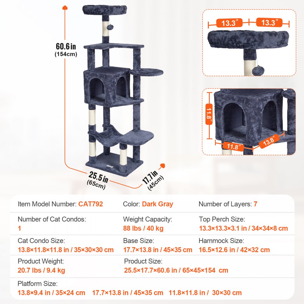 CAT792 - 60.6" Dark Grey Cat Tree with Condo & Scratching Post