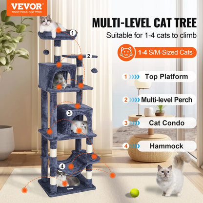 CAT793 - 63" Light Grey Cat Tower with 2 Condos and Scratching Posts