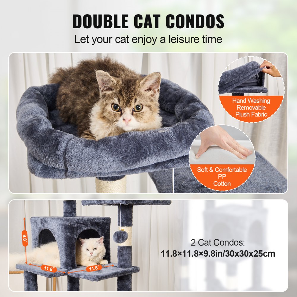 CAT793 - 63" Light Grey Cat Tower with 2 Condos and Scratching Posts