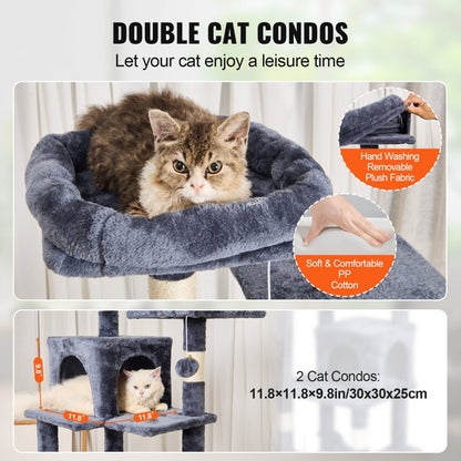 CAT793 - 63" Light Grey Cat Tower with 2 Condos and Scratching Posts