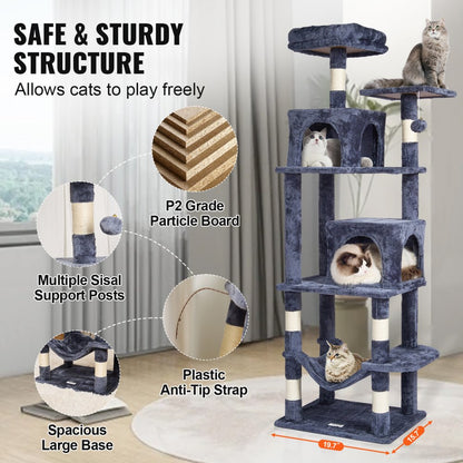 CAT793 - 63" Light Grey Cat Tower with 2 Condos and Scratching Posts