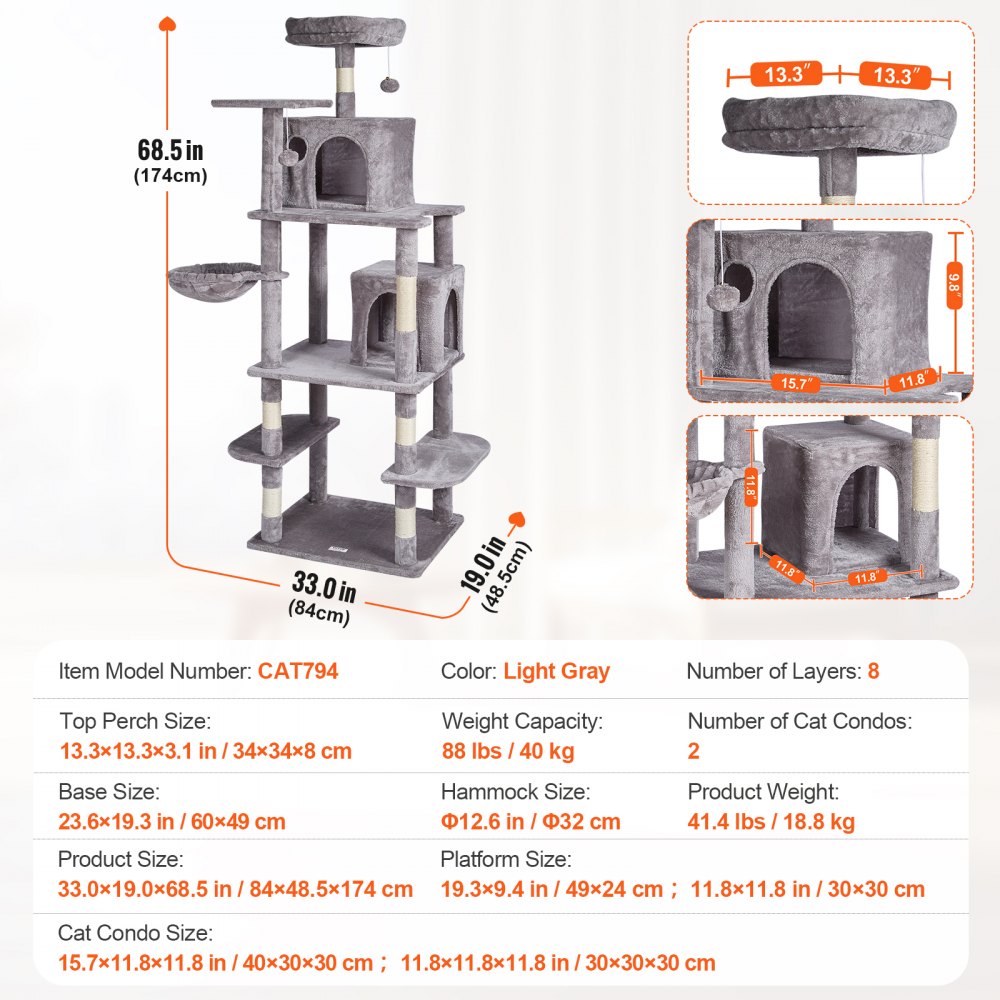 CAT794 - 68.5" Multifunctional Cat Tree for Multiple Cats in Light Grey
