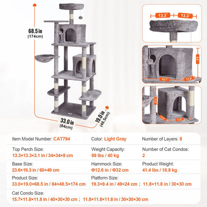 CAT794 - 68.5" Multifunctional Cat Tree for Multiple Cats in Light Grey