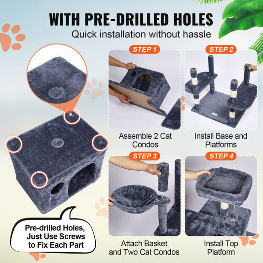 CAT794 - Multi-Level 68.5" Dark Grey Cat Tree with 2 Condos & Hammock