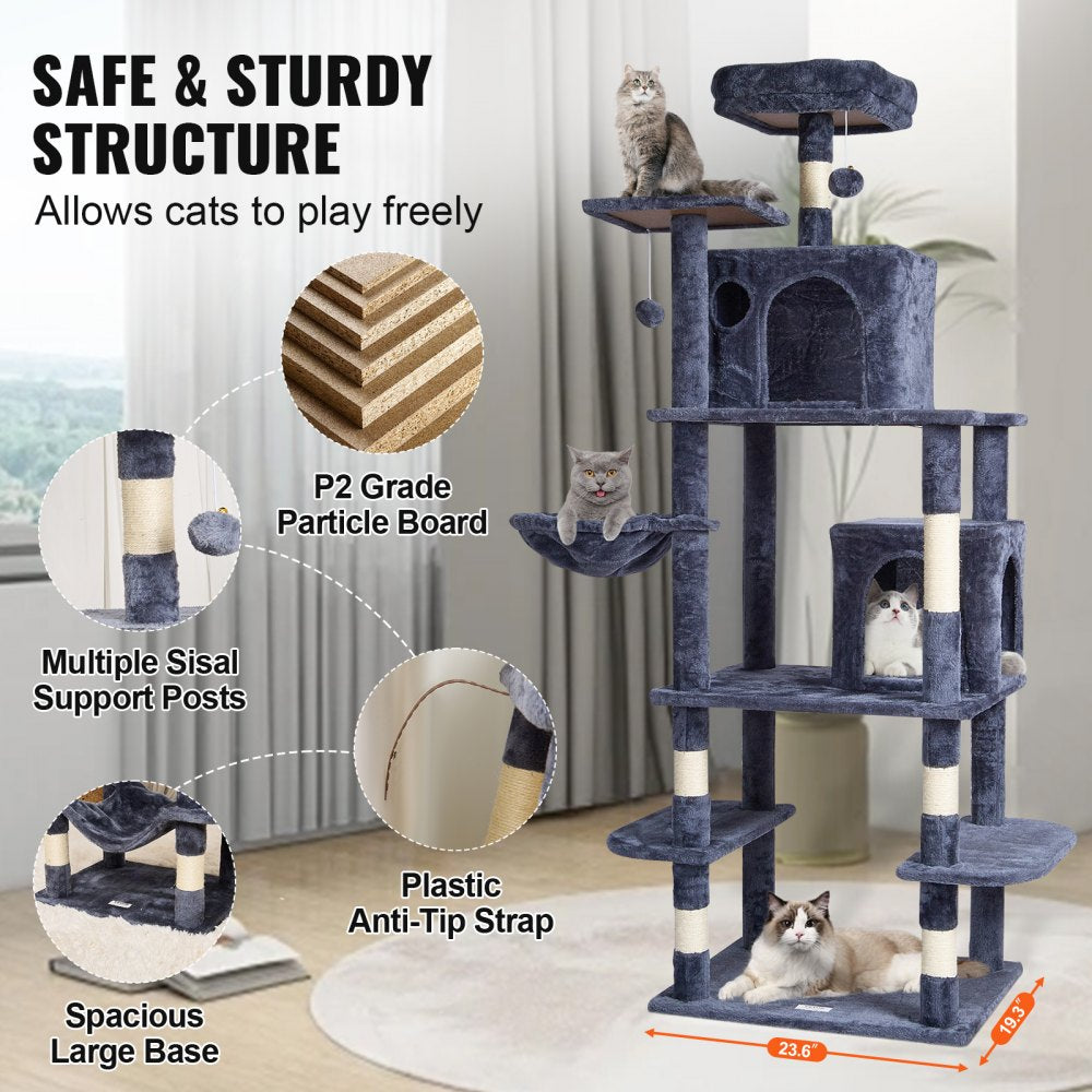 CAT794 - Multi-Level 68.5" Dark Grey Cat Tree with 2 Condos & Hammock