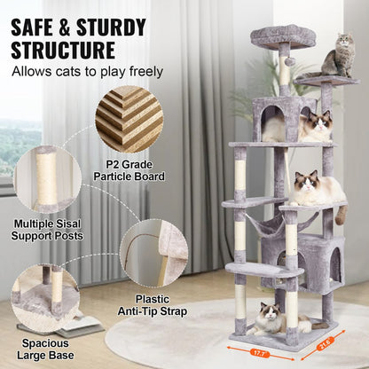 CAT795 - Multi-Level 72" Light Grey Cat Tree with 2 Condos & Scratching Posts