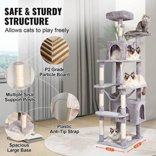 CAT795 - Multi-Level 72" Light Grey Cat Tree with 2 Condos & Scratching Posts