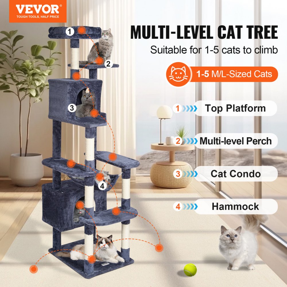 CAT795 - 72" Multi-Level Cat Tower with Condos & Scratching Posts