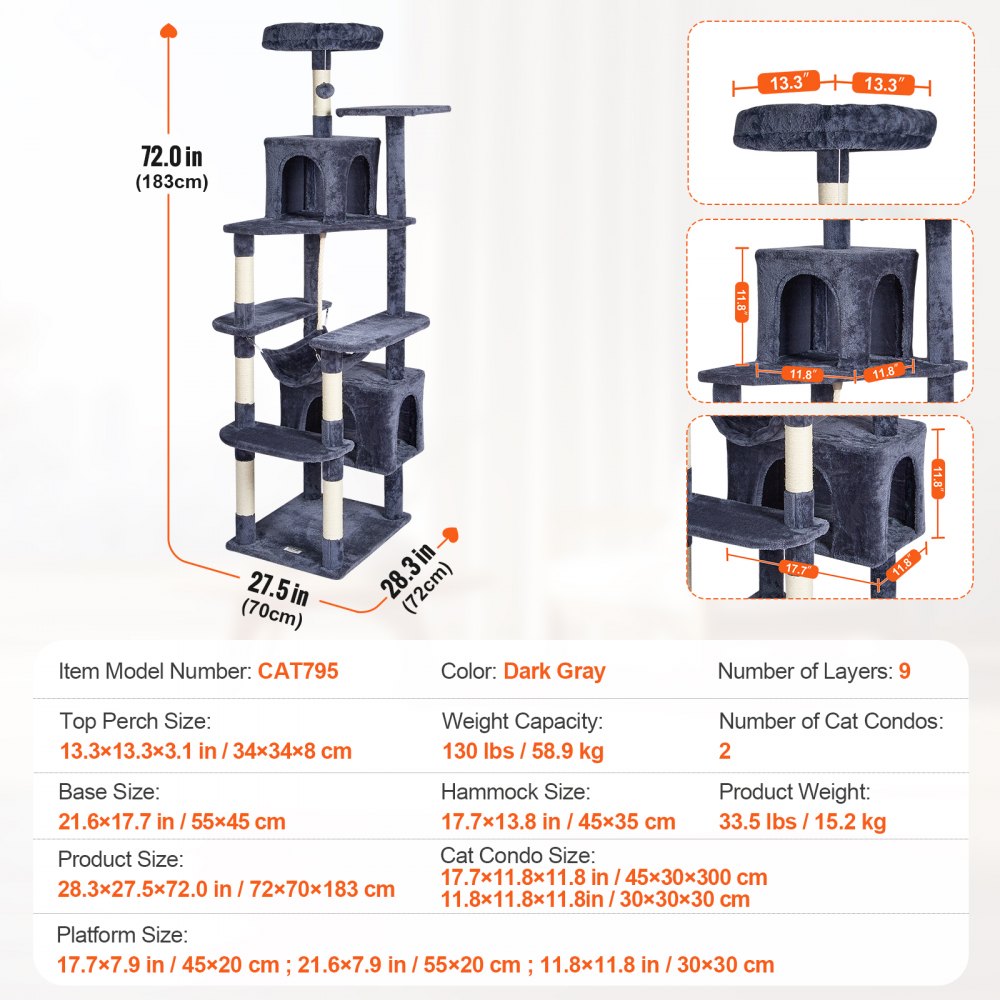 CAT795 - 72" Multi-Level Cat Tower with Condos & Scratching Posts