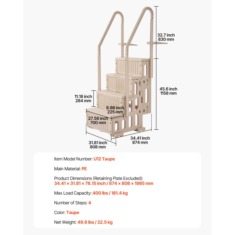 U12 taupe - Durable 4-Step Pool Ladder with Double Handrails for 400 lb Support