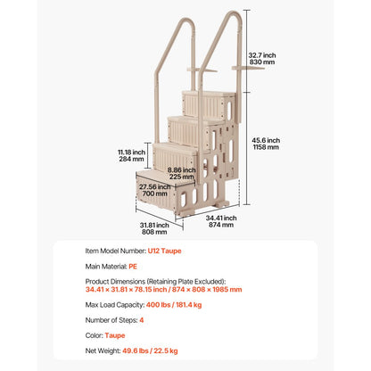 U12 taupe - Durable 4-Step Pool Ladder with Double Handrails for 400 lb Support
