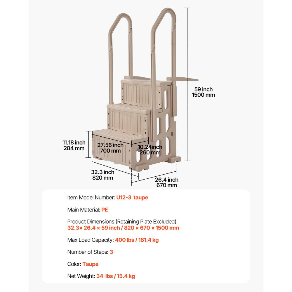 U12-3 taupe - 3-Step Pool Ladder with Handrails, Supports 400 lbs