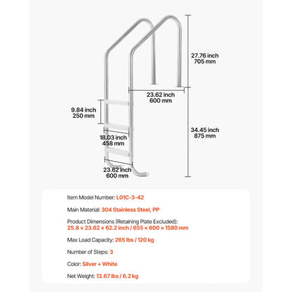 L01C-3-42 - 3-Step Stainless Steel Pool Ladder with Double Handrails, 265 lb Capacity