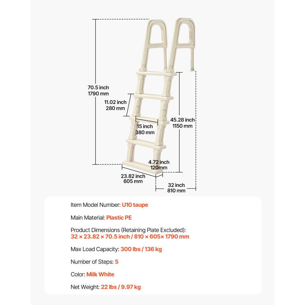 U10 white - 5-Step Pool Ladder with Double Handrails for 300 lb Capacity