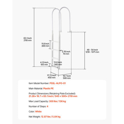 PSSL-ALPO-01 - 4-Step Pool Ladder with Double Handrails, 300 lb Capacity