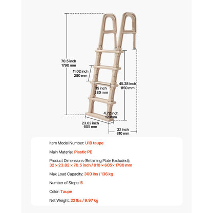 U10 taupe - 5-Step Pool Ladder with 300 lb Capacity & Dual Handrails