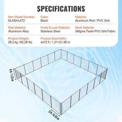 NLSSHL472 - VEVOR 4’x72’ Durable Pool Fence for Safety & Stability