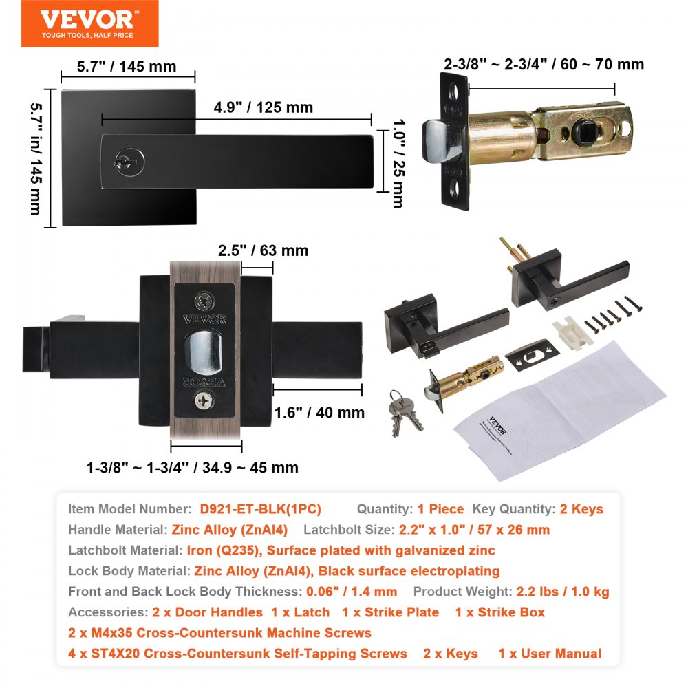 D921-ET-BLK(1PC) - Key-Locking Reversible Zinc Alloy Entry Lever Handle