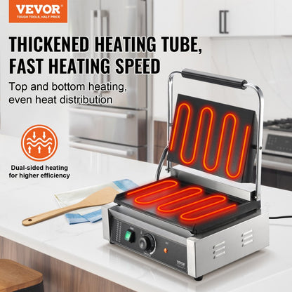 HT-812 - Durable 14"x9" Stainless Steel Panini Press with Temperature Control