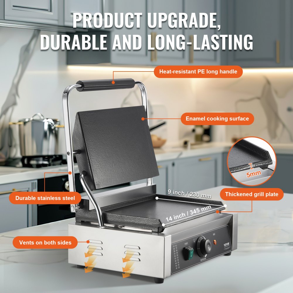 HT-812 - Durable 14"x9" Stainless Steel Panini Press with Temperature Control
