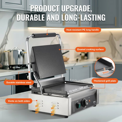 HT-812 - Durable 14"x9" Stainless Steel Panini Press with Temperature Control