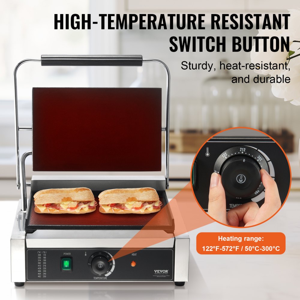 HT-812 - Durable 14"x9" Stainless Steel Panini Press with Temperature Control