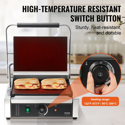 HT-812 - Durable 14"x9" Stainless Steel Panini Press with Temperature Control