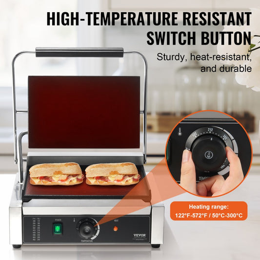 HT-812 - Durable 14"x9" Stainless Steel Panini Press with Temperature Control