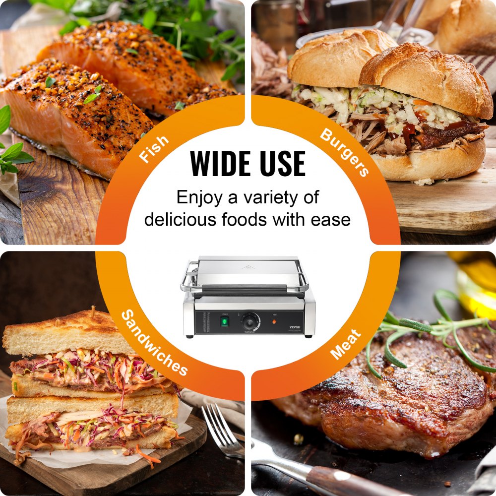 HT-812 - Durable 14"x9" Stainless Steel Panini Press with Temperature Control