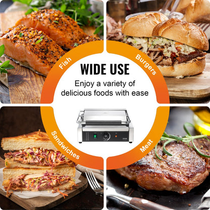 HT-812 - Durable 14"x9" Stainless Steel Panini Press with Temperature Control