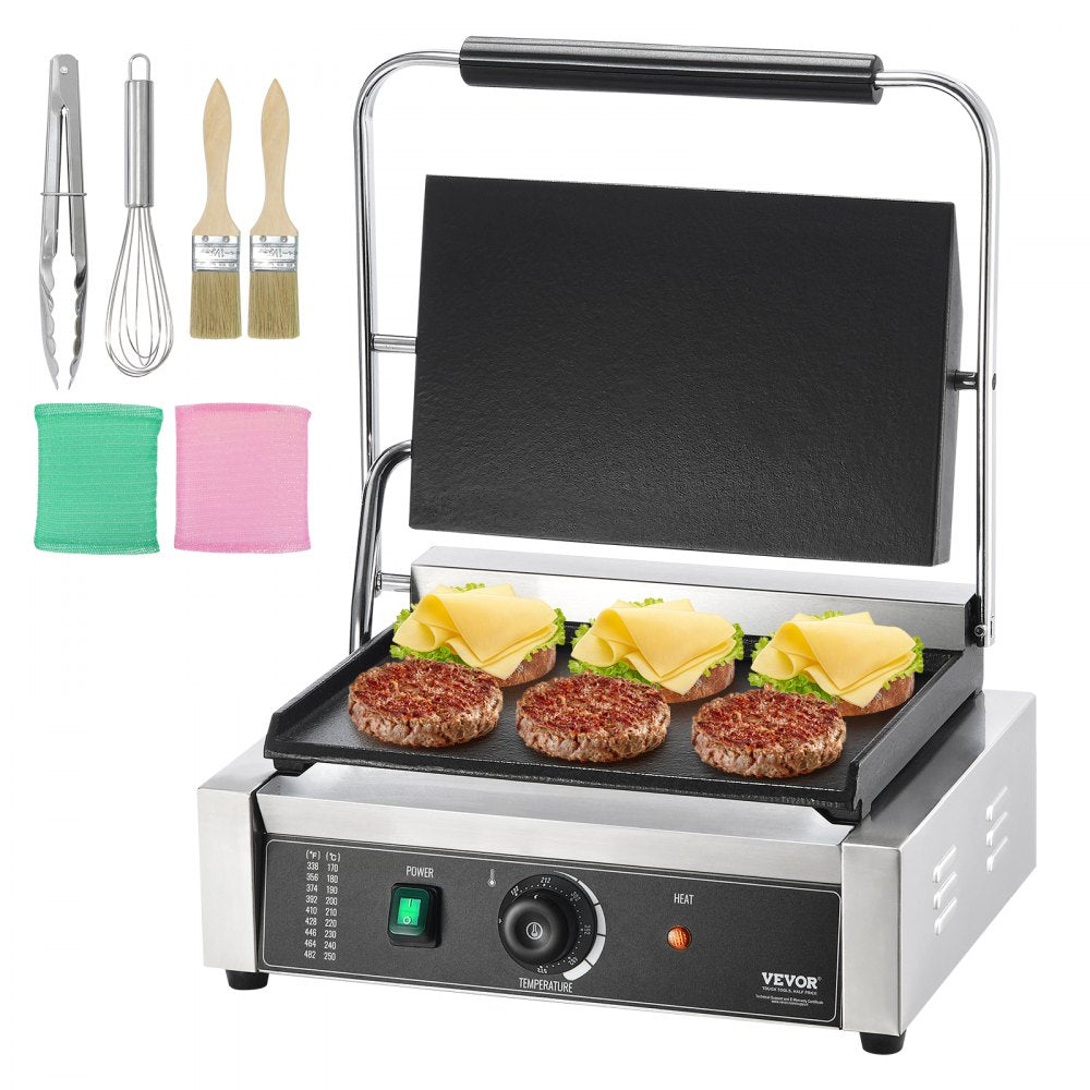 HT-812 - Durable 14"x9" Stainless Steel Panini Press with Temperature Control