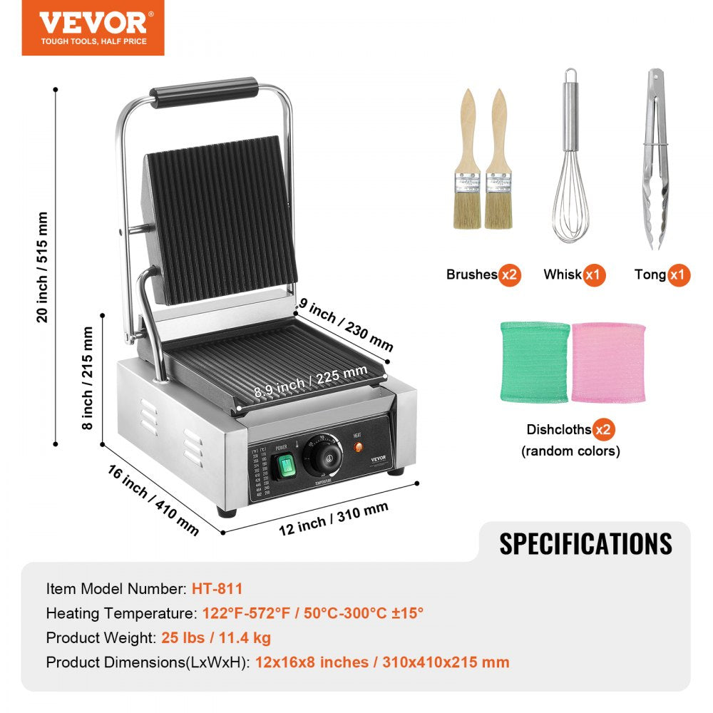 HT-811 - 8.9"x9" Stainless Steel Panini Press for Grilling with Precise Control