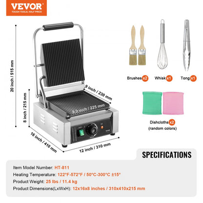 HT-811 - 8.9"x9" Stainless Steel Panini Press for Grilling with Precise Control