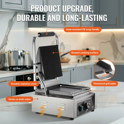 HT-811A - Efficient 8.9"x9" Electric Panini Press with Temperature Control