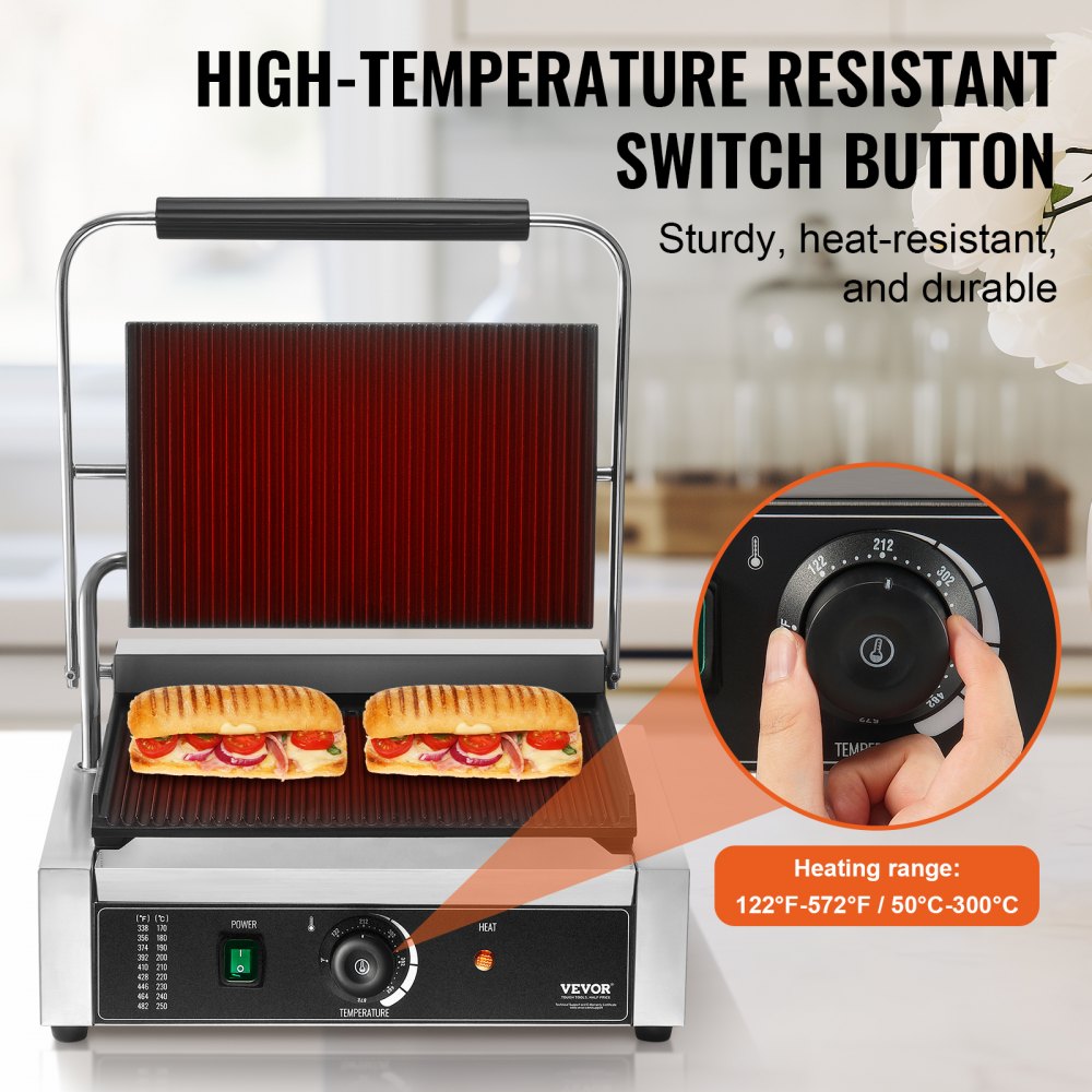 HT-811E - 14"x9" Stainless Steel Panini Press with Temperature Control