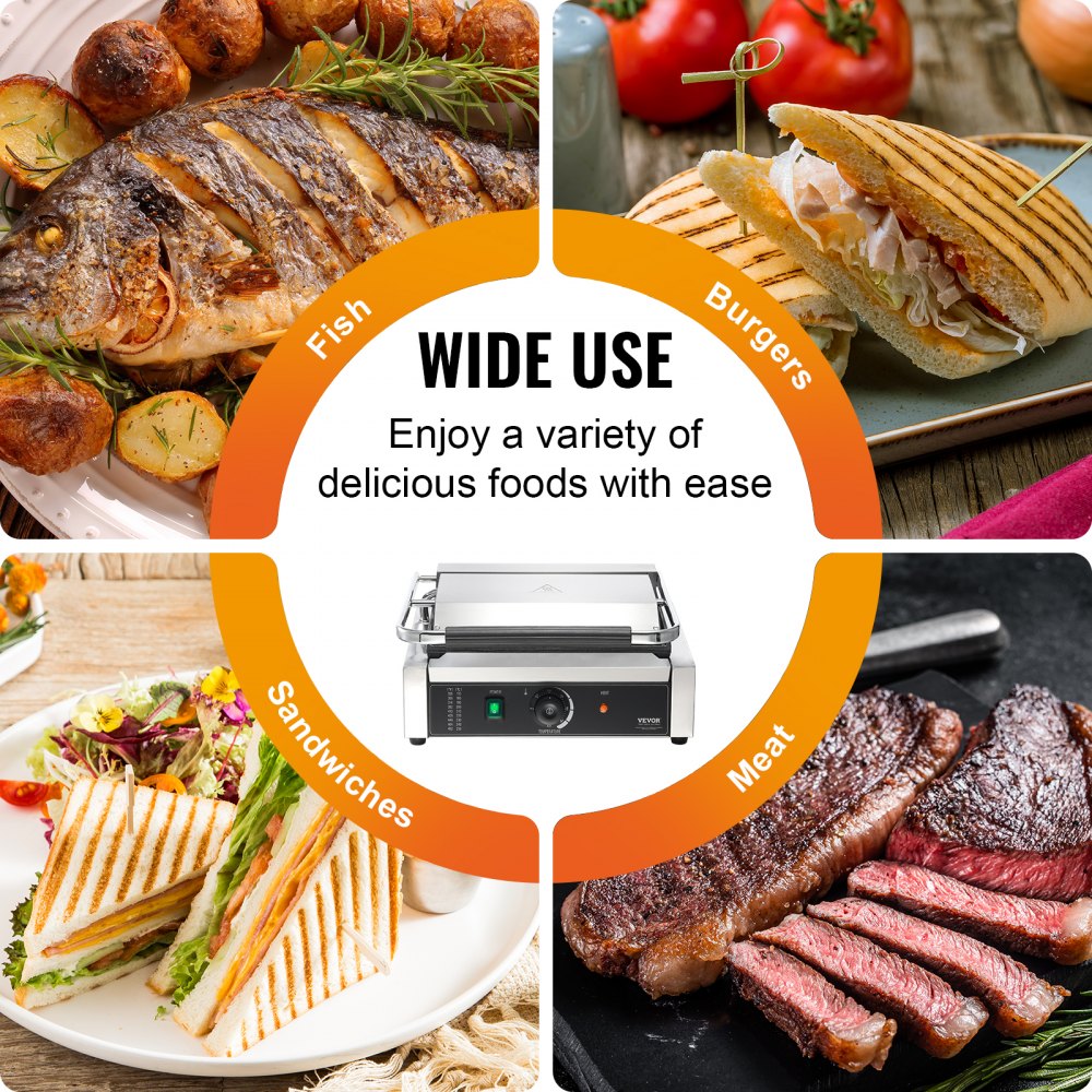 HT-811E - 14"x9" Stainless Steel Panini Press with Temperature Control