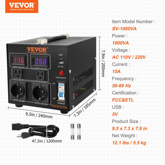 SV-1000VA - 1000W Step-Up/Step-Down Voltage Converter with Universal Socket