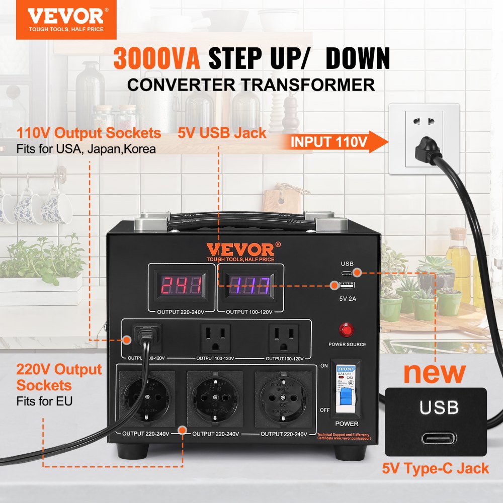 SV-3000VA - Heavy-Duty Voltage Converter Transformer 3000W for 110/220V