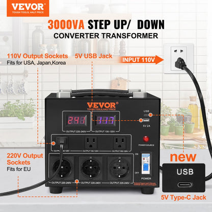 SV-3000VA - Heavy-Duty Voltage Converter Transformer 3000W for 110/220V