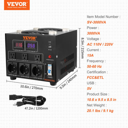 SV-3000VA - Heavy-Duty Voltage Converter Transformer 3000W for 110/220V
