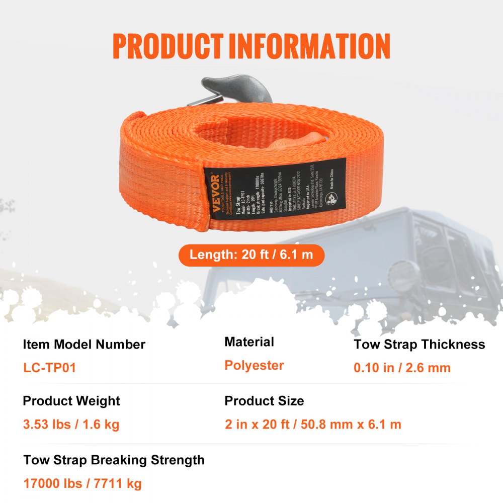 LC-TP01 - Heavy-Duty 2"x20' Tow Strap with Hooks for Safe Recovery