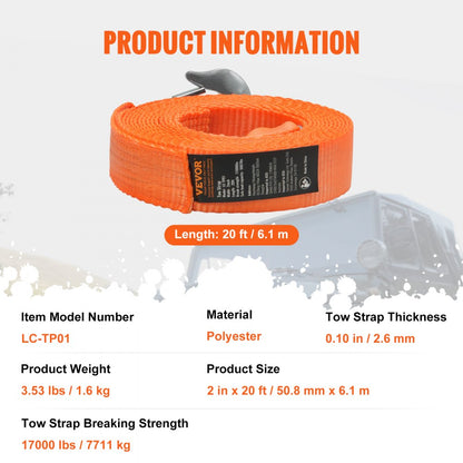 LC-TP01 - Heavy-Duty 2"x20' Tow Strap with Hooks for Safe Recovery