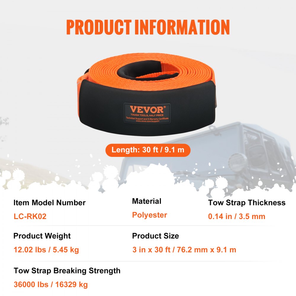 LC-RK02 - 3" x 30 ft Heavy-Duty Tow Strap Recovery Kit for Tough Terrain