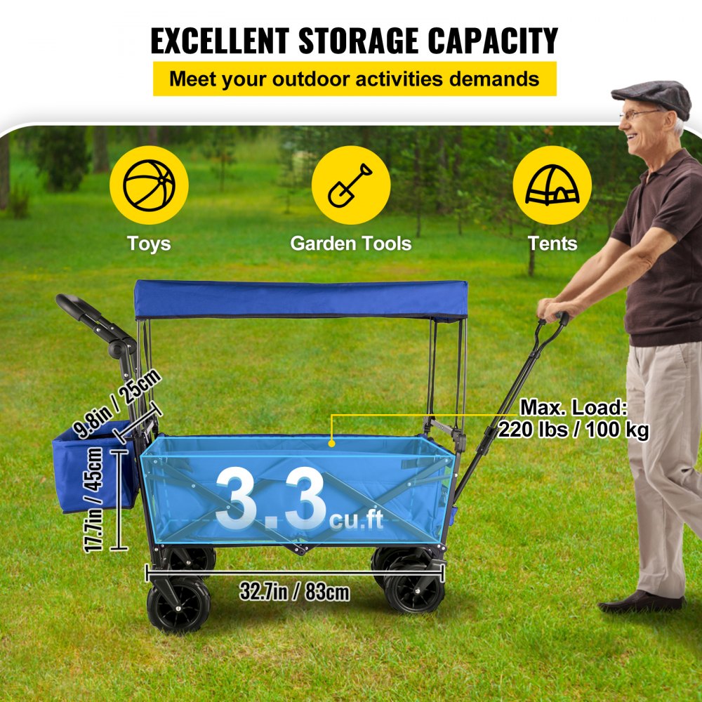 VV-CWC-BLUE - Large Collapsible Wagon with Canopy & All-Terrain Wheels
