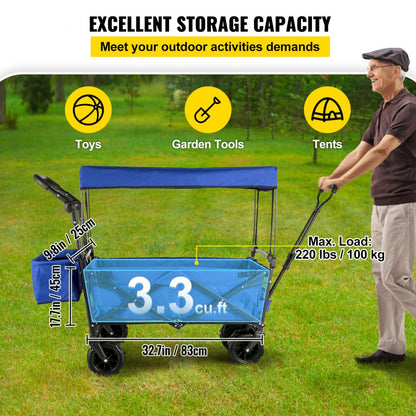 VV-CWC-BLUE - Large Collapsible Wagon with Canopy & All-Terrain Wheels